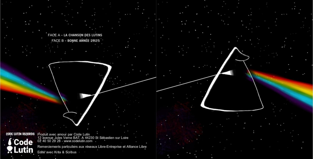 Bonne année 2025 Détournement de l'album Dark Side of the moon des Pink Floyd, avec un bonnet de lutin servant de prisme